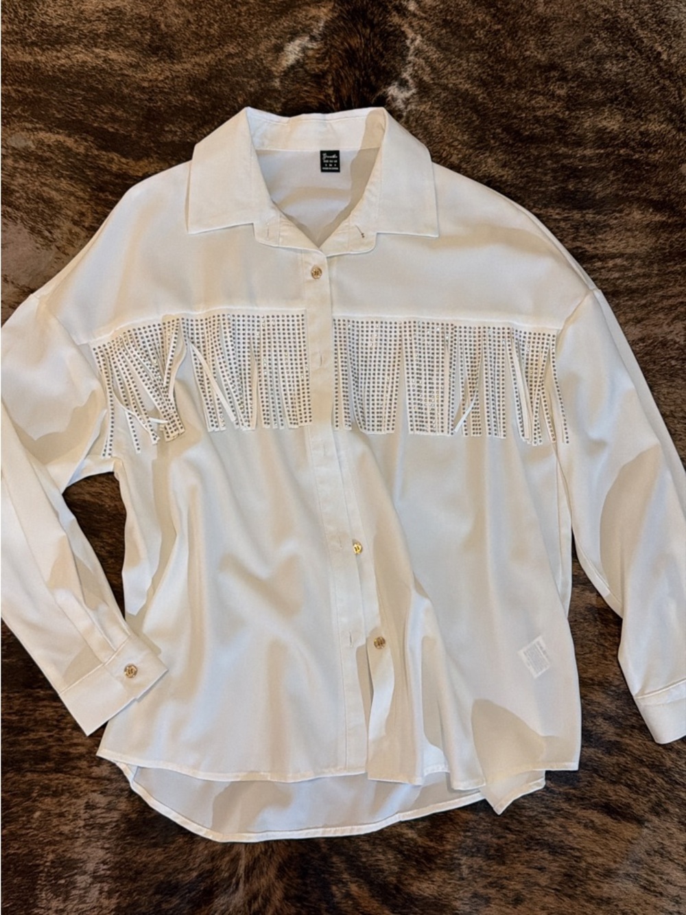White Fringe Button-Up Blouse